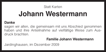 Traueranzeige von Johann Westermann von KREISZEITUNG SYKE