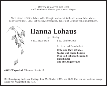 Traueranzeige von Hanna Lohaus von KREISZEITUNG SYKE