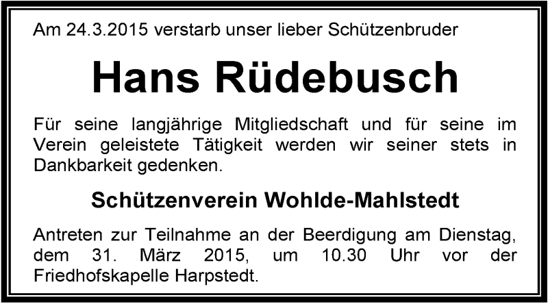  Traueranzeige für Hans Rüdebusch vom 26.03.2015 aus KRZ