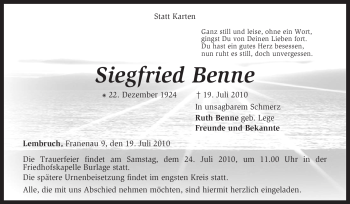 Traueranzeige von Siegfried Benne von KREISZEITUNG SYKE