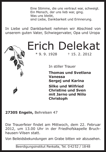 Traueranzeige von Erich Delekat von KREISZEITUNG SYKE