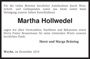 Traueranzeige von Martha Hollwedel von KREISZEITUNG SYKE