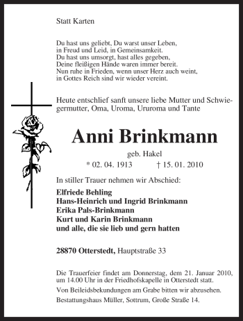 Traueranzeige von Anni Brinkmann von KREISZEITUNG SYKE