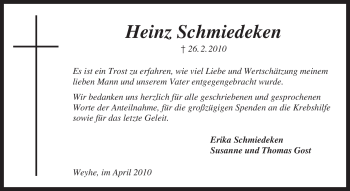 Traueranzeige von Heinz Schmiedeken von KREISZEITUNG SYKE