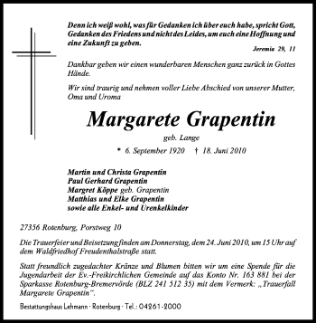 Traueranzeige von Margarete Grapentin von KREISZEITUNG SYKE
