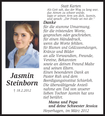 Traueranzeige von Jasmin Steinborn von KREISZEITUNG SYKE