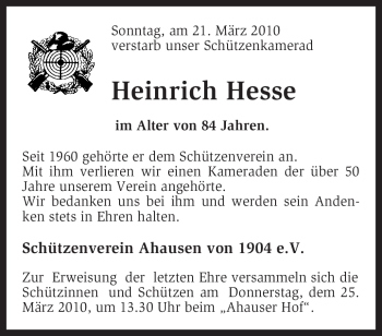 Traueranzeige von Heinrich Hesse von KREISZEITUNG SYKE