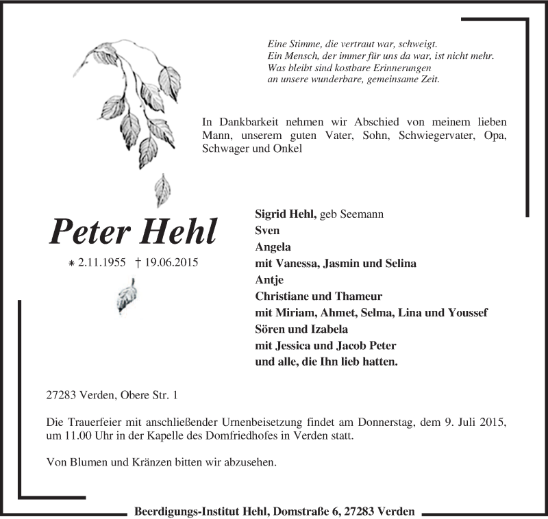  Traueranzeige für Peter Hehl vom 30.06.2015 aus KRZ