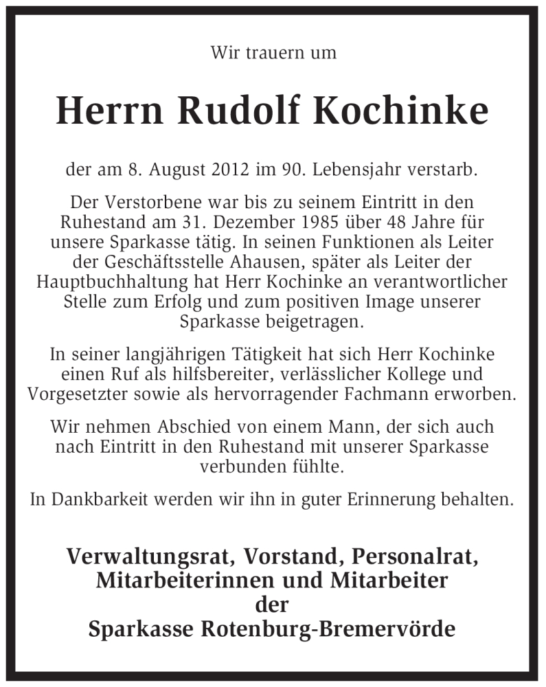  Traueranzeige für Rudolf Kochinke vom 20.08.2012 aus KREISZEITUNG SYKE