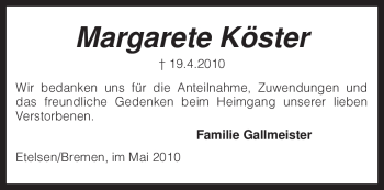 Traueranzeige von Margarete Köster von KREISZEITUNG SYKE