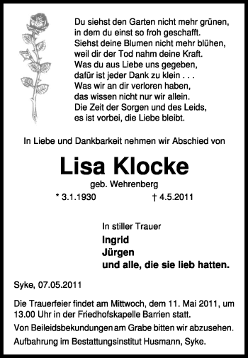 Traueranzeige von Lisa Klocke von KREISZEITUNG SYKE