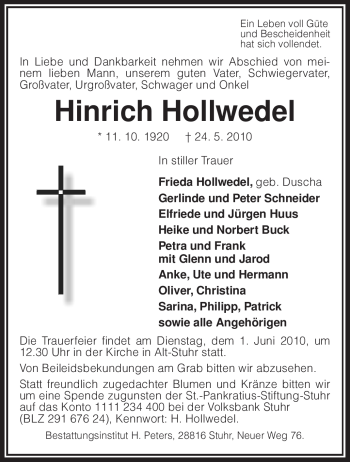 Traueranzeige von Hinrich Hollwedel von KREISZEITUNG SYKE