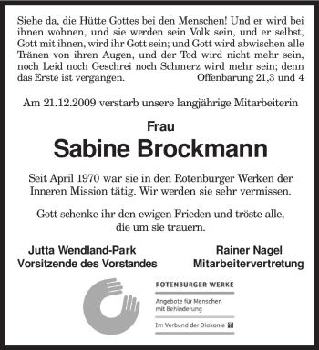Traueranzeige von Sabine Brockmann von KREISZEITUNG SYKE
