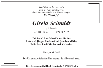 Traueranzeige von Gisela Schmidt von KREISZEITUNG SYKE