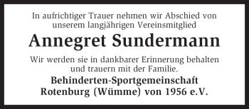 Traueranzeige von Annegret Sundermann von KREISZEITUNG SYKE