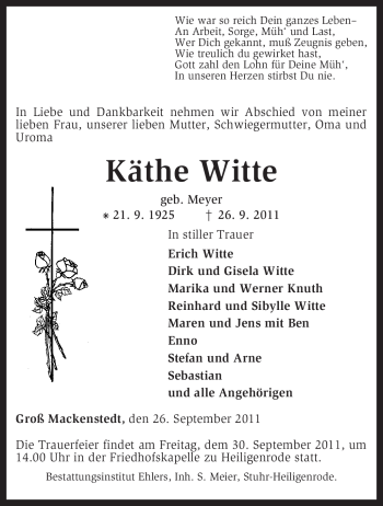 Traueranzeige von Käthe Witte von KREISZEITUNG SYKE