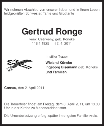 Traueranzeige von Gertrud Ronge von KREISZEITUNG SYKE