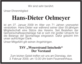 Traueranzeige von Hans-Dieter Oelmeyer von KREISZEITUNG SYKE