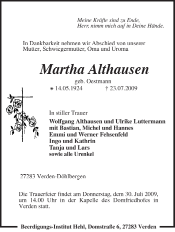 Traueranzeige von Martha Althausen von KREISZEITUNG SYKE