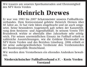 Traueranzeige von Heinrich Drewes von KREISZEITUNG SYKE