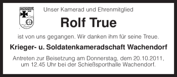 Traueranzeige von Rolf True von KREISZEITUNG SYKE