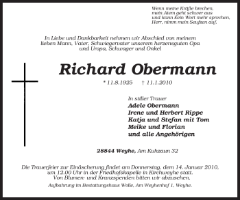 Traueranzeige von Richard Obermann von KREISZEITUNG SYKE