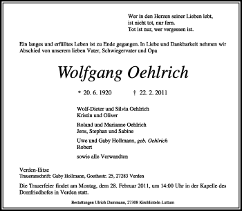 Traueranzeige von Wolfgang Oehlrich von KREISZEITUNG SYKE