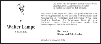 Traueranzeige von Walter Lampe von KREISZEITUNG SYKE