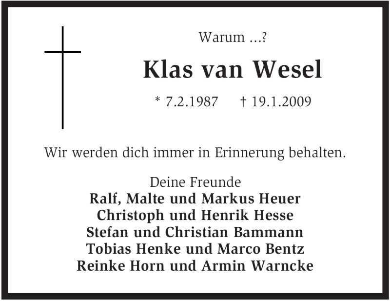  Traueranzeige für Klas van Wesel vom 27.01.2009 aus KREISZEITUNG SYKE