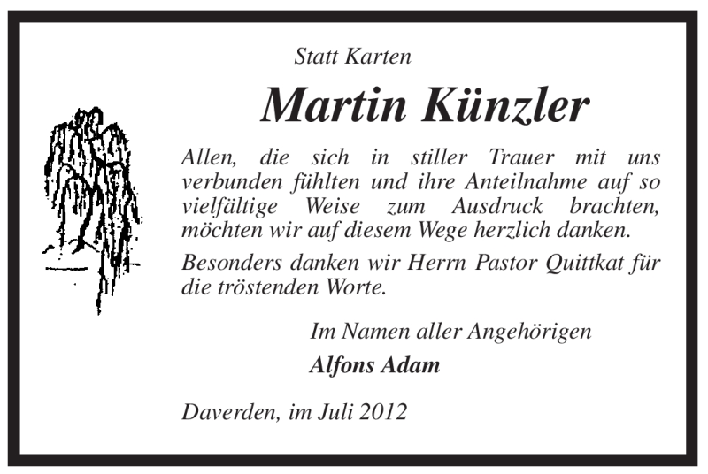 Traueranzeigen von Martin Künzler | trauer.kreiszeitung.de