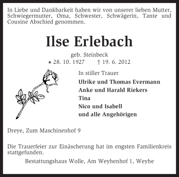 Traueranzeige von Ilse Erlebach von KREISZEITUNG SYKE