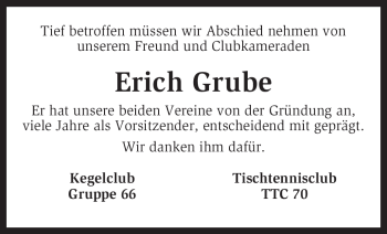 Traueranzeige von Erich Grube von KREISZEITUNG SYKE