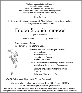 Traueranzeige von Frieda Sophie Immoor von KREISZEITUNG SYKE