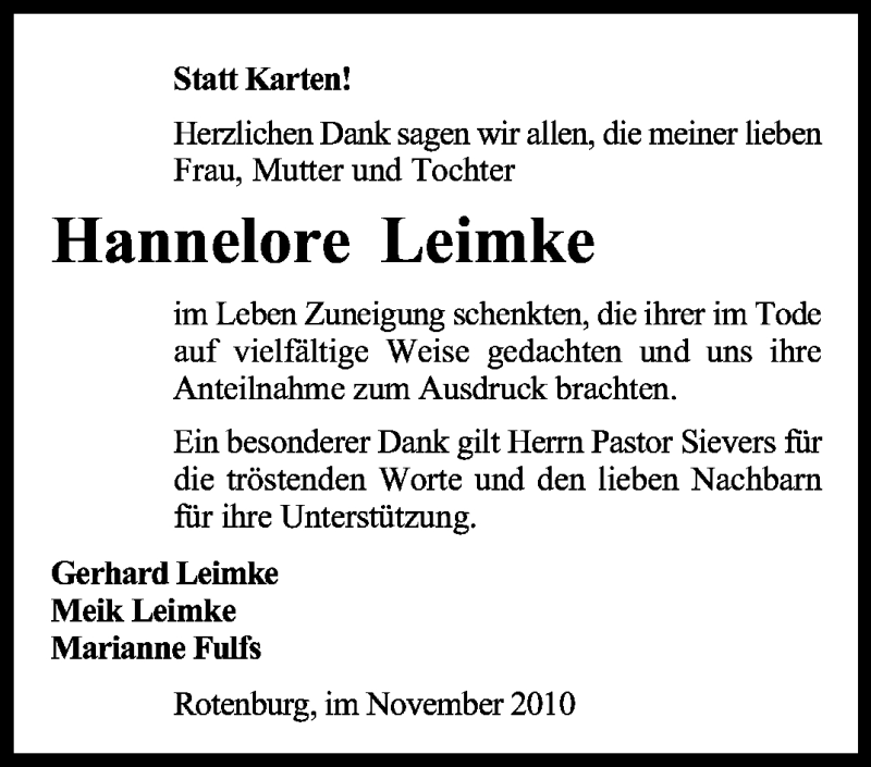  Traueranzeige für Hannelore Leimke vom 26.11.2010 aus KREISZEITUNG SYKE