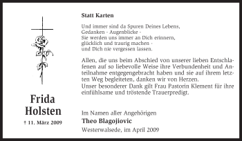 Traueranzeige von Frida Holsten von KREISZEITUNG SYKE