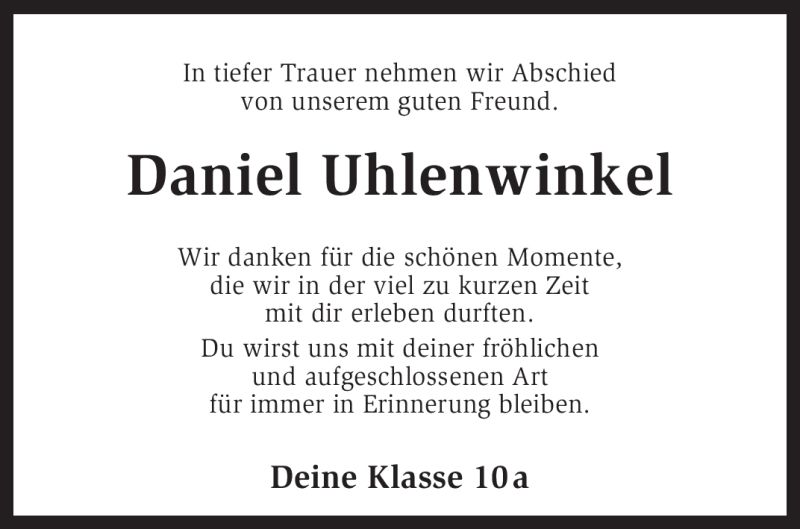  Traueranzeige für Daniel Uhlenwinkel vom 28.02.2012 aus KREISZEITUNG SYKE