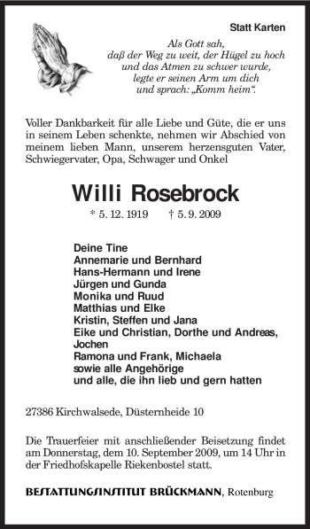 Traueranzeige von Willi Rosebrock von KREISZEITUNG SYKE