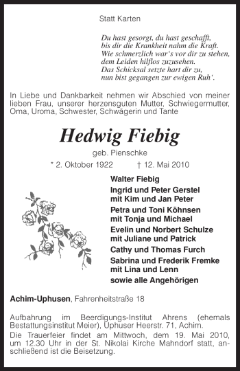 Traueranzeige von Hedwig Fiebig von KREISZEITUNG SYKE