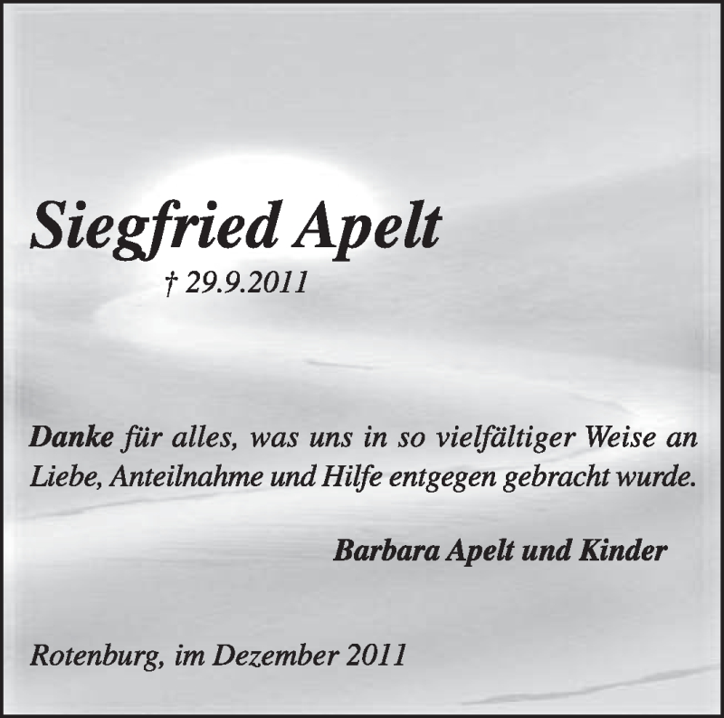  Traueranzeige für Siegfried Apelt vom 03.12.2011 aus KREISZEITUNG SYKE