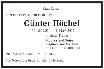 Traueranzeige von Günter Höchel von KREISZEITUNG SYKE