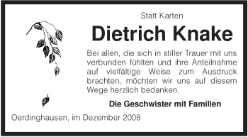 Traueranzeige von Dietrich Knake von KREISZEITUNG SYKE