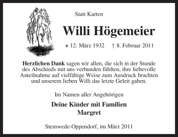 Traueranzeige von Willi Hogemeier von KREISZEITUNG SYKE