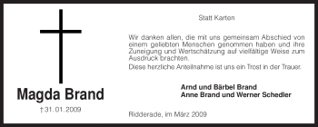 Traueranzeige von Magda Brand von KREISZEITUNG SYKE