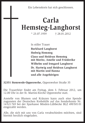 Traueranzeige von Carla Hemsteg-Langhorst von KREISZEITUNG SYKE