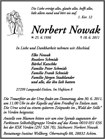 Traueranzeige von Norbert Nowak von KREISZEITUNG SYKE