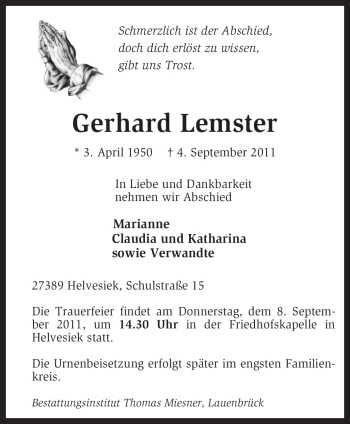 Traueranzeige von Gerhard Lemster von KREISZEITUNG SYKE