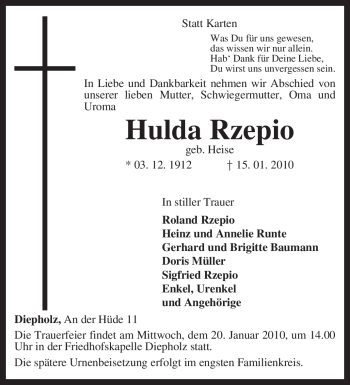 Traueranzeige von Hulda Rzepio von KREISZEITUNG SYKE