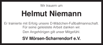 Traueranzeige von Helmut Niemann von KREISZEITUNG SYKE