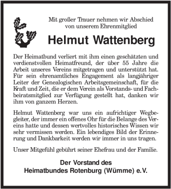 Traueranzeige von Helmut Wattenberg von KREISZEITUNG SYKE