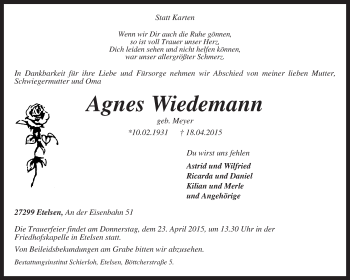 Traueranzeige von Agnes Wiedemann von KRZ